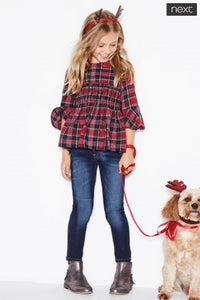 Red Girls Tartan Ruched Sleeves Blouse