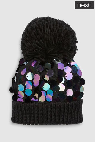 Black Sequin Pom Beanie Hat
